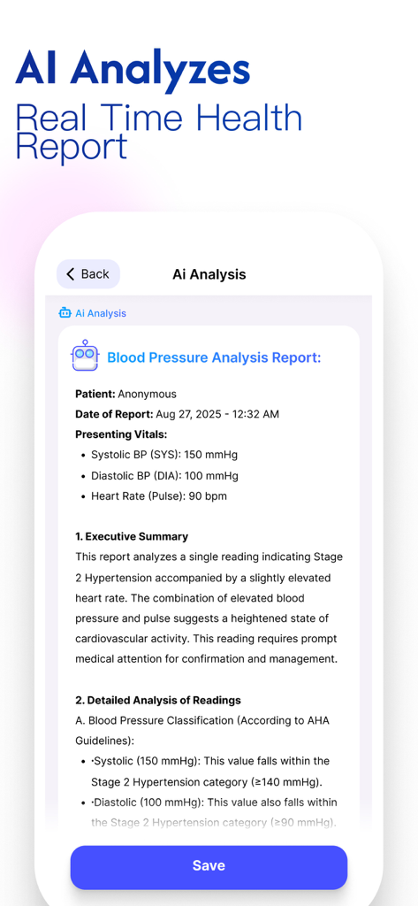 My BP Tracker: Stay Healthy - Informe de análisis de salud de IA que muestra las constantes vitales de la presión arterial y el resumen de hipertensión