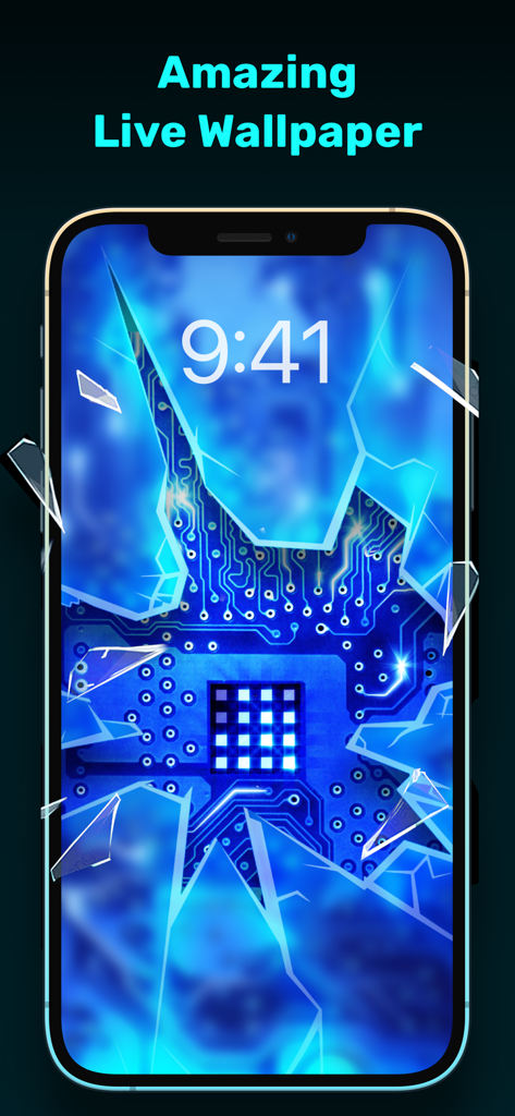 Dream Photo: AI Generator - A smartphone screen displaying a blue circuit board live wallpaper with a realistic broken glass effect.