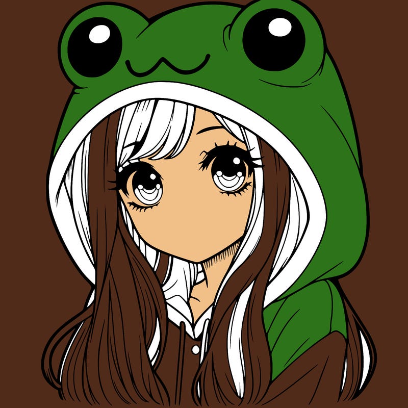 a pretty girl wearing a frog hoodie portrait with long hair