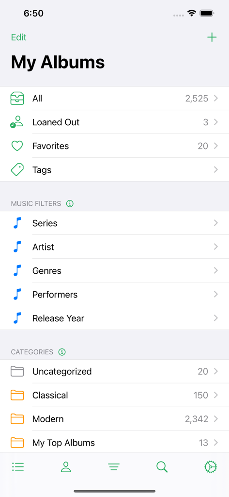 MusicBuddy Pro: Vinyls & CDs - MusicBuddy Pro app interface displaying the My Albums menu with category and filter options