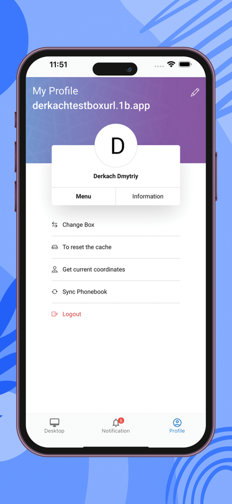 OneBox OS - User profile screen of OneBox OS mobile app showing account details and settings.