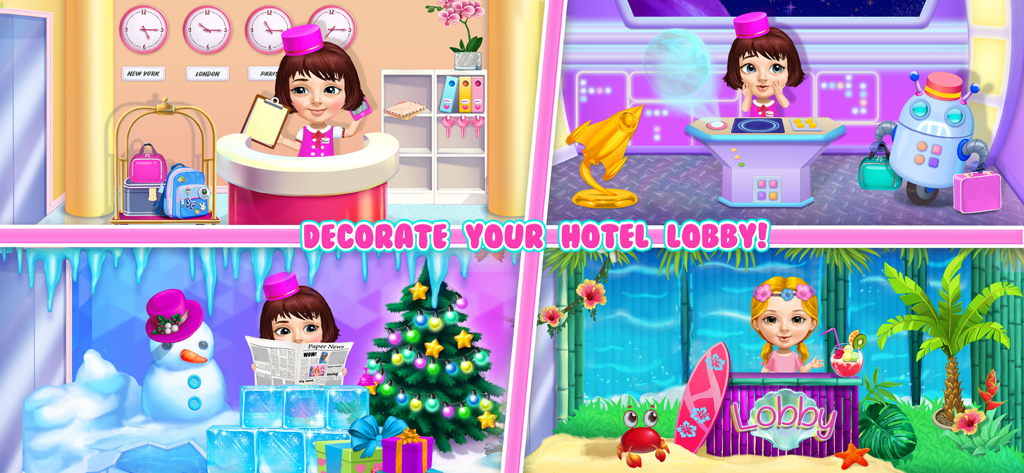 Sweet Baby Girl Hotel Cleanup - Un collage que muestra cuatro temas diferentes para el vestíbulo del hotel, incluyendo estilos espacial, invernal, tropical y clásico en la aplicación Sweet Baby Girl Hotel Cleanup