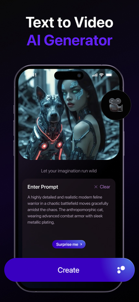 TrendY AI Video Maker - Dance - Interfaz de la aplicación TrendY AI Video Maker que muestra la función de generador de texto a video con una imagen futurista y un campo de indicaciones