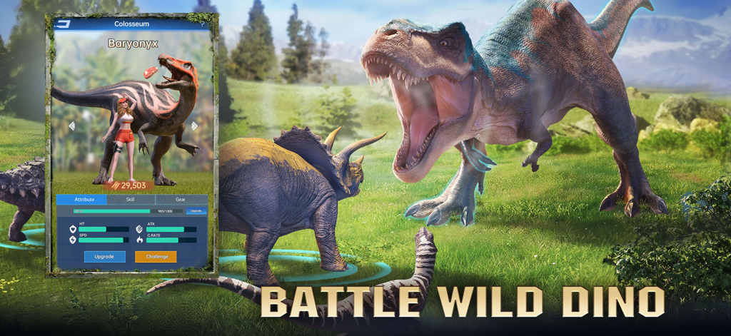 De-Extinct: Jurassic Dinosaurs - A roaring T-Rex and Triceratops in a field with a game interface showing dinosaur battle stats and upgrade options