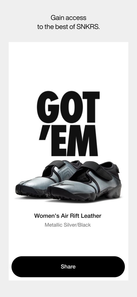 Nike SNKRS: Sneakers & Apparel - Schermata di conferma acquisto Nike SNKRS app 'Got Em' per le sneaker da donna Air Rift Leather