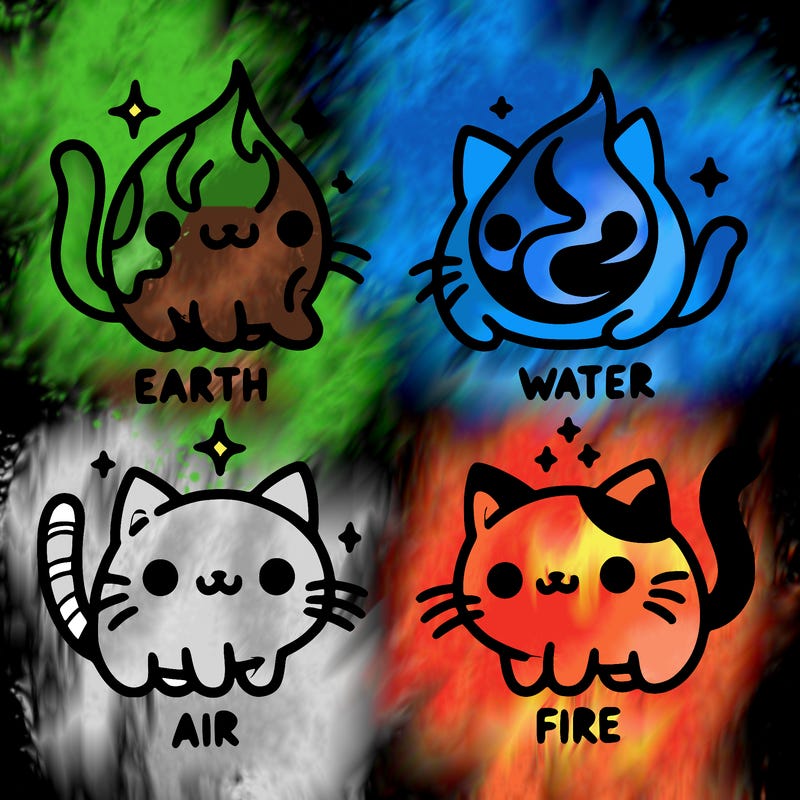 4 cats that represent the different elements, earth, water, air, and fire