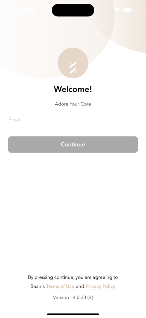 Baan - Baan Pilates app welcome screen featuring an email login field and the slogan Adore Your Core