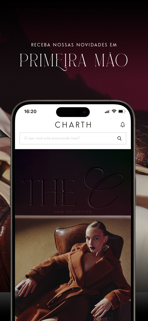 CHARTH - Moda Feminina - Smartphone screen showing the CHARTH high-end fashion app homepage with a model wearing a premium coat