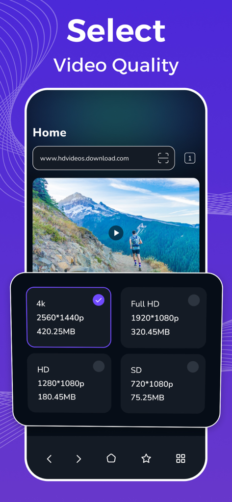 Video Downloader - Video Saver - ビデオダウンローダーインターフェース。4KやフルHDを含むビデオ品質を選択するオプションを表示。