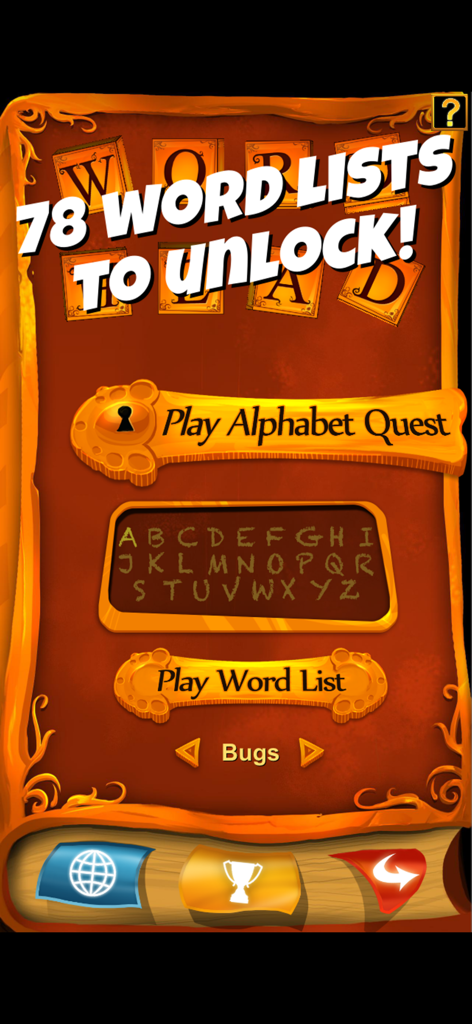 アルファベットクエストと単語リスト選択のためのWord Head 3Dゲームメニュー画面