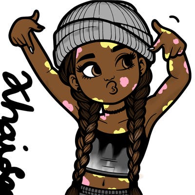 realistic teenage girl with braids and a beanie and crop top doing 🫶🏼