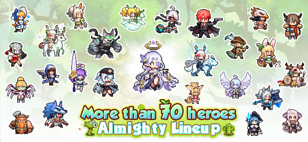 Pixel Heroes: Tales of Emond - A collection of diverse pixel art hero characters from Pixel Heroes Tales of Emond with the text More than 70 heroes Almighty Lineup