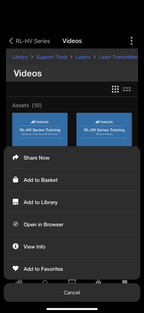 myTopcon NOW! - Screenshot of the myTopcon NOW app showing a menu with options to share, save, or view info for RL-HV Series training videos.