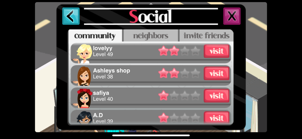 A social menu in the Fashion Story app showing a community list of players with their level and star ratings.