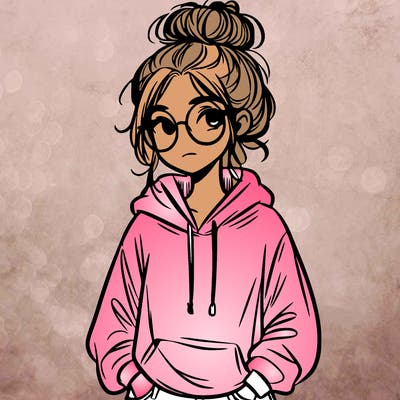 teen girl with a messy bun and glasses wearing a loose hoodie and jeans