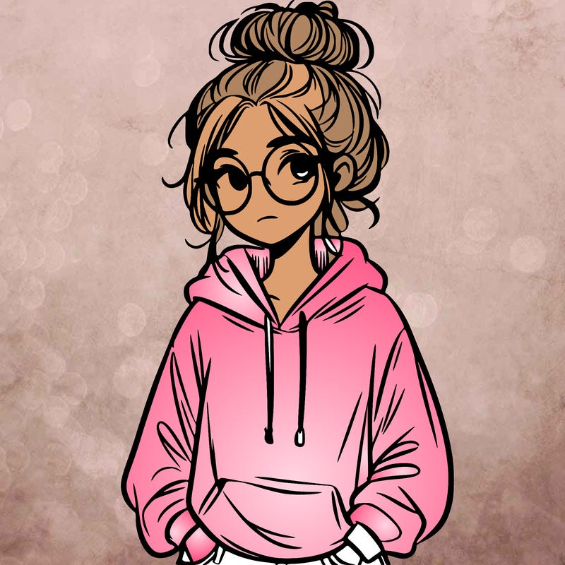 teen girl with a messy bun and glasses wearing a loose hoodie and jeans
