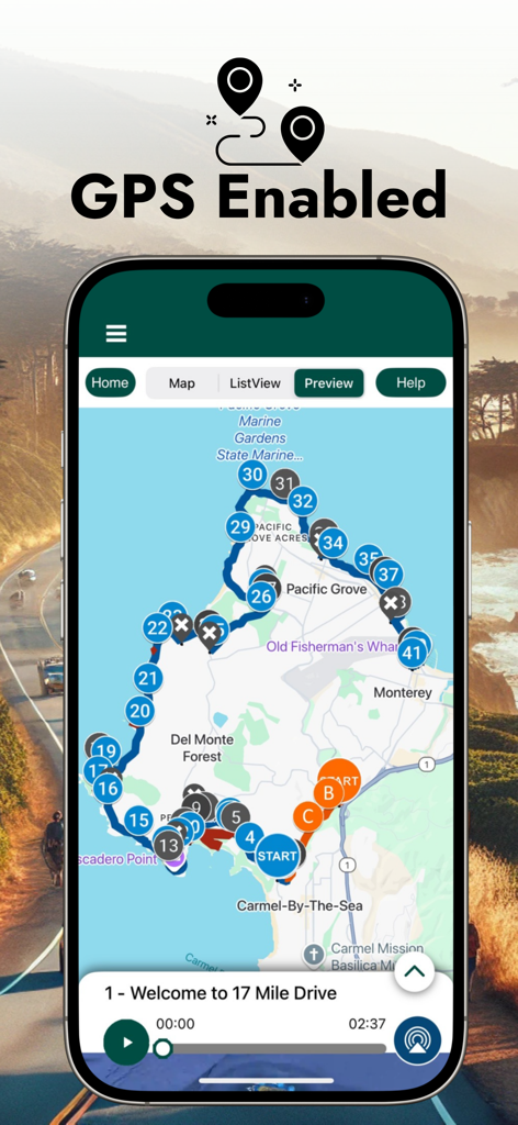 17 Mile Drive Audio Tour Guide - GPS enabled map interface of the 17 Mile Drive audio tour app showing stops in Monterey