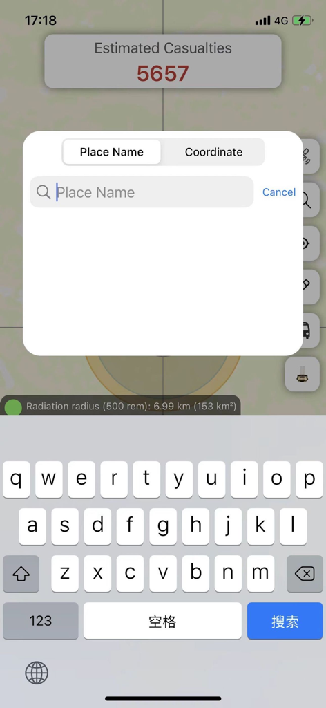Nuke Simulator - Blast Map - Search interface in the Nuke Simulator app showing estimated casualties and radiation radius for a specific place name or coordinate.