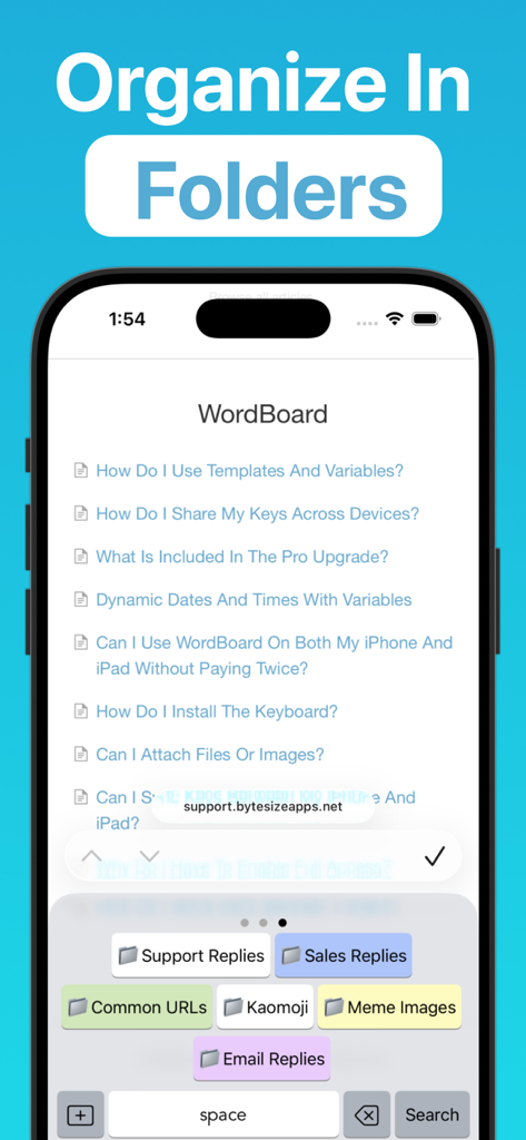 WordBoard: Copy Paste Keyboard - WordBoard app interface showing a custom keyboard with organized folders for support replies, sales replies, and common URLs.
