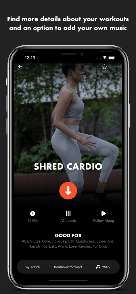 Doviesfitness app interface showing Shred Cardio workout details and custom music option