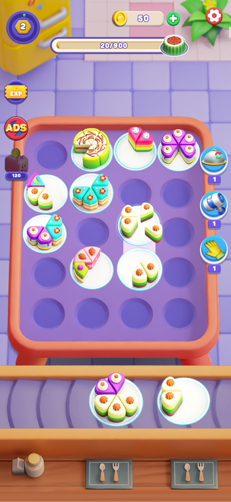 Cake Match: Sort 3D - Una captura de pantalla del juego Cake Match Sort 3D que muestra coloridas rebanadas de pastel siendo clasificadas en un tablero 3D
