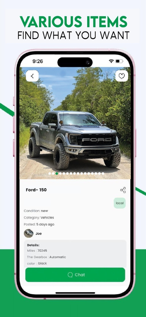 DitchIt - Buy & Sell Locally - DitchItアプリのスクリーンショット。車両詳細とチャットオプション付きの地元車両リスト（Ford F-150トラック）が表示されています。