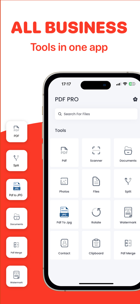 PDF Converter- Word to PDF app - Smartphone screen showing the PDF Pro app interface with various productivity tools for document management