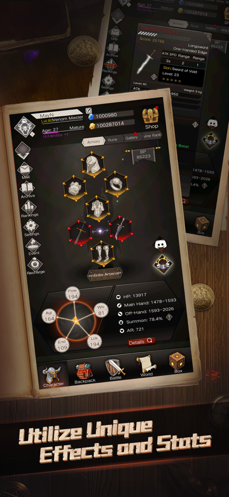 Pantalla de equipo del personaje con ranuras de objetos hexagonales y estadísticas RPG en Immortal Reborn