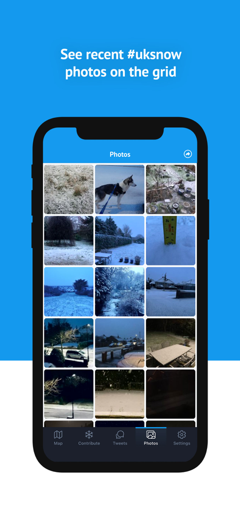 UK Snow Map - A grid of real time crowdsourced snow photos within the UK Snow Map mobile app