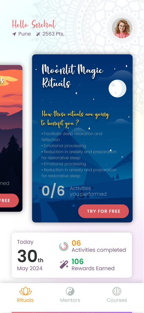 Good Vibes Within - A dashboard of the Good Vibes Within app showing moonlit magic rituals for relaxation and wellness tracking