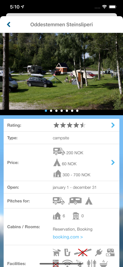 Screenshot of NorCamp app showing campsite details including price rating and facilities for a location in Norway