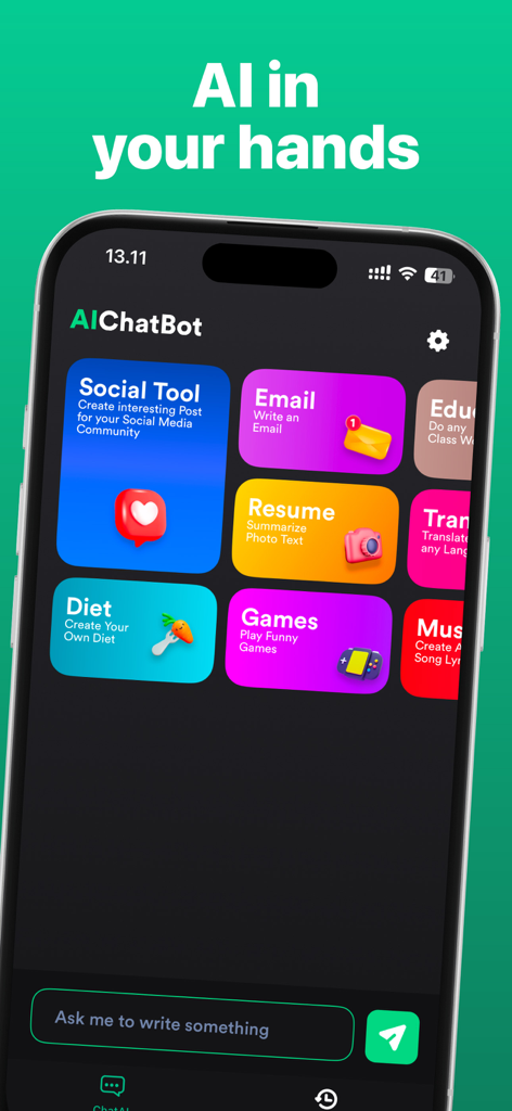 AI Smart ChatBot: Ask Anything - A smartphone displaying the AI Smart ChatBot app interface with a grid of colorful category buttons like Social Tool, Email, and Resume.