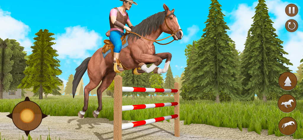 Horse Simulator Riding Games - Una simulación 3D de un caballo y un jinete saltando un obstáculo en un bosque.