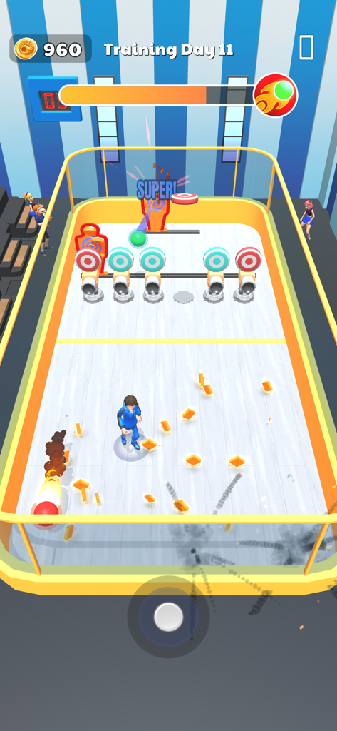 A character in a blue tracksuit dodging balls and hitting targets in a 3D arena during a training session in the Dodge The Ball 3D mobile game