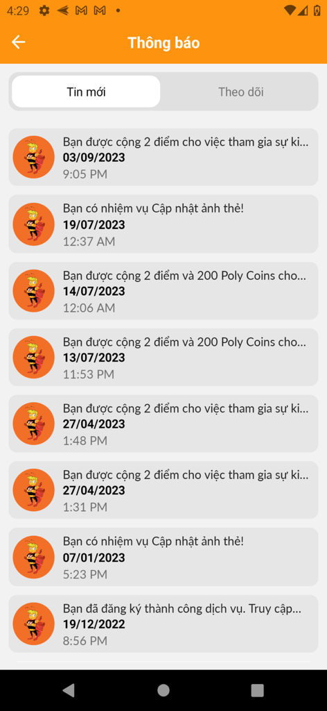 Une liste de notifications académiques et de points gagnés dans l'application étudiante myFPL.