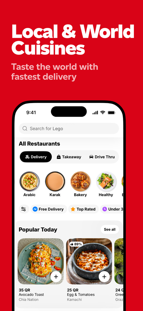 Snoonu mobile app interface showing various food categories and popular dishes for delivery in Qatar