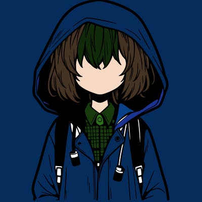 little anime girl in a raincoat her hair is covering her eyes she has a lighter