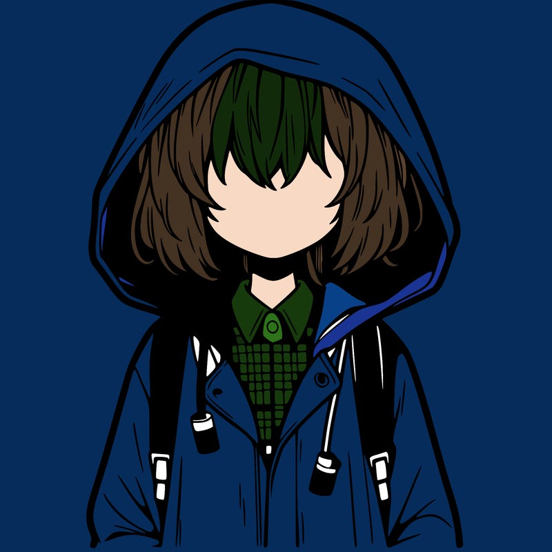 little anime girl in a raincoat her hair is covering her eyes she has a lighter