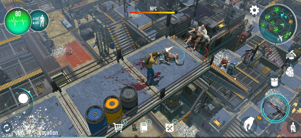 Survival Point: zombie island - Vue de dessus d'un personnage tirant sur un zombie dans une installation industrielle sombre