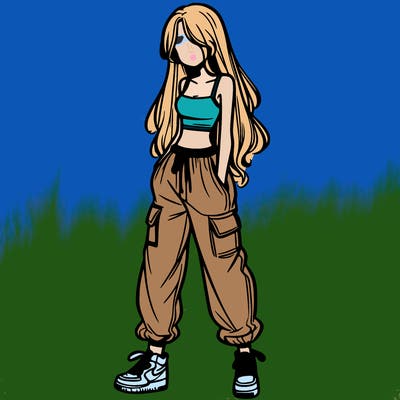 girl in baggy pants crop top and long hair