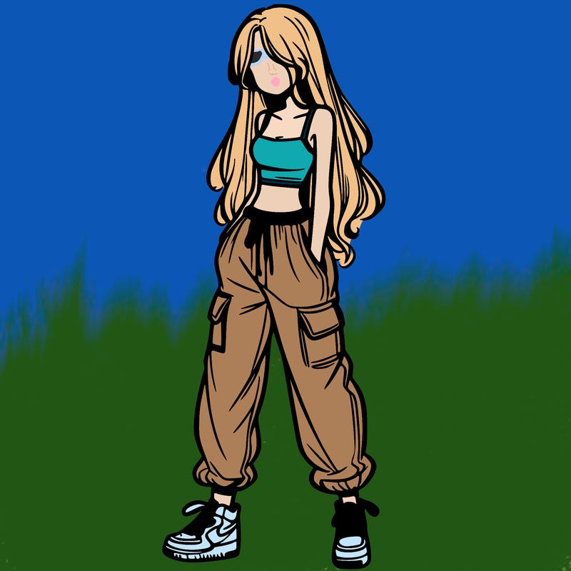 girl in baggy pants crop top and long hair