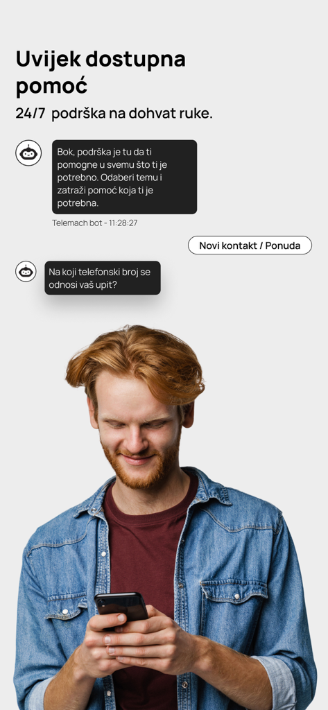 Écran d'assistance client de l'application Telemach Hrvatska avec un chatbot 24h/24 et 7j/7 et un homme utilisant son smartphone.