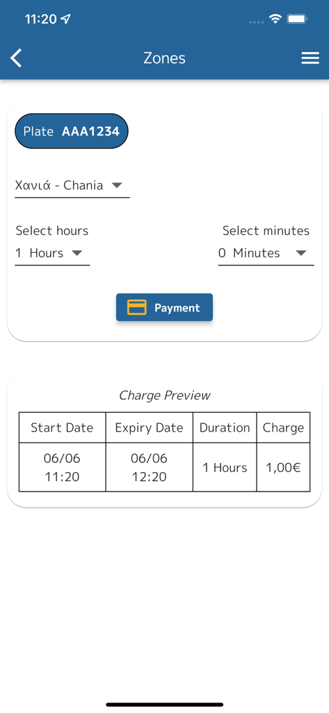 i-PARK CHANIA App-Bildschirm zur Auswahl der Parkdauer und zur Anzeige von Gebührenberechnungen