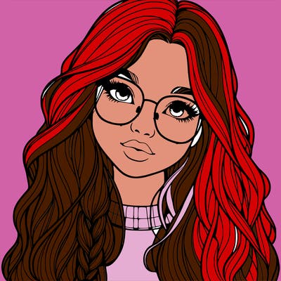 girl with long hair and freckles and glasses realistic