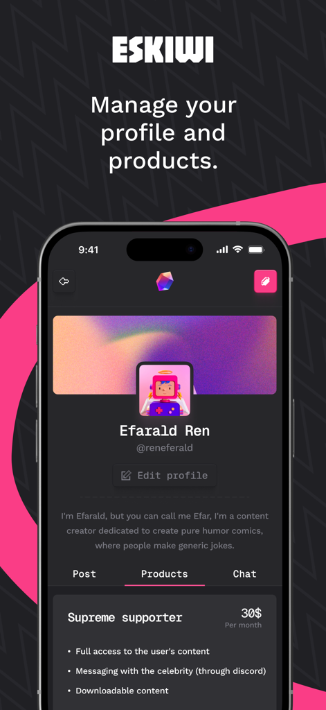 Eskiwi - Screenshot der Eskiwi-App, der die Profilseite eines Erstellers mit einem aktiven Produkte-Tab und einer monatlichen Abonnement-Stufe von 30 US-Dollar namens Supreme Supporter zeigt.