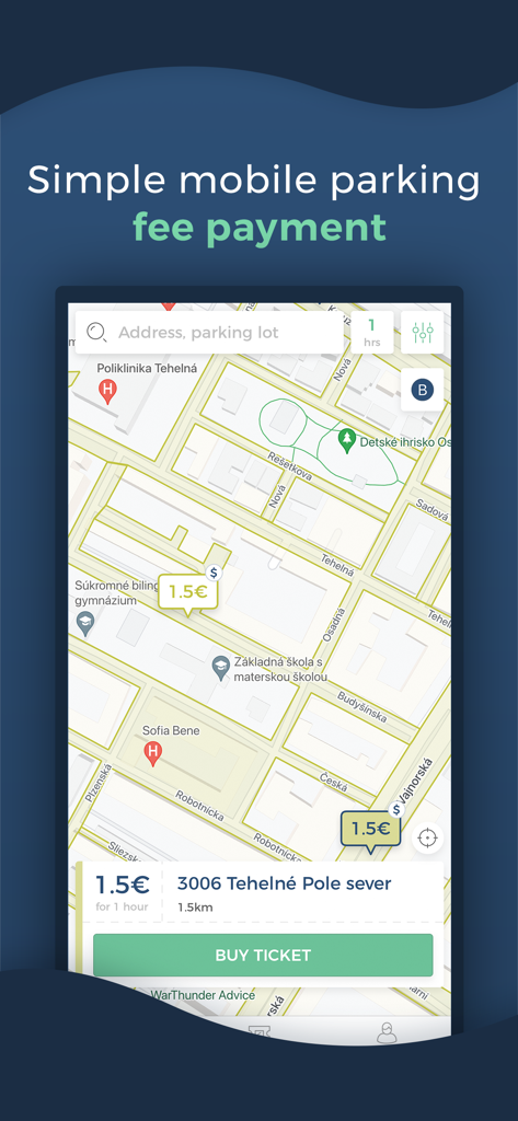 ParkDots app screen showing a city map with parking rates and a buy ticket button