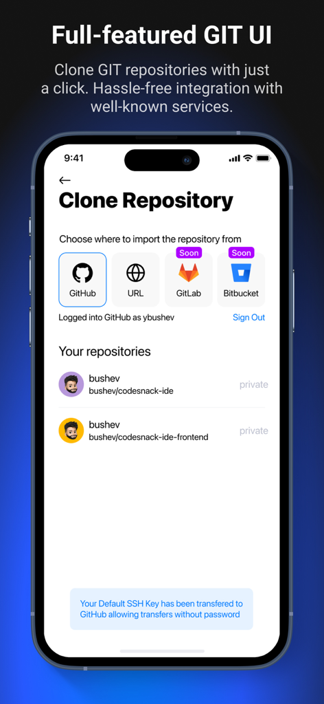 CodeSnack IDE - CodeSnack IDE mobile interface for cloning Git repositories from GitHub and other services