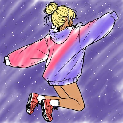 realistic girl jumping with a bun and oversized sweatshirt