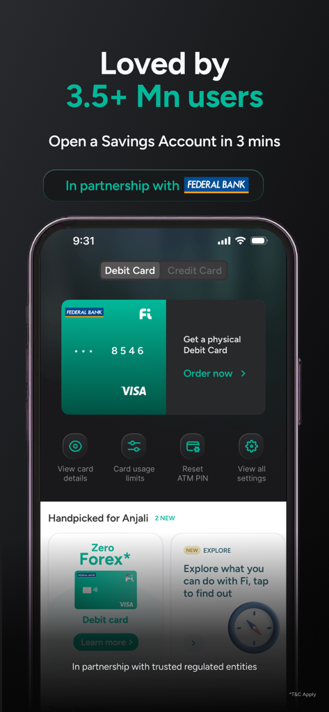 Fi Money app dashboard showing a digital debit card and savings account features in partnership with Federal Bank