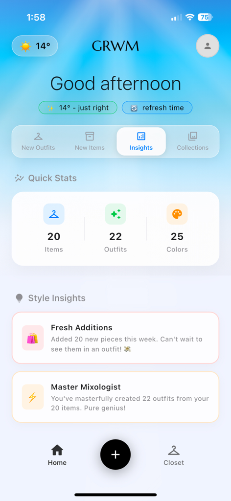 Dashboard of the GRWM Outfits app showing style statistics for items, outfits, and colors